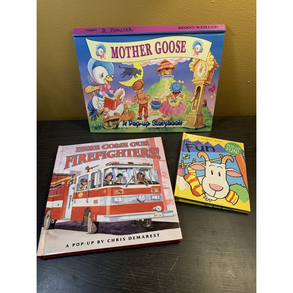 Vintage Lot of 3 Pop Up Book Mother Goose Firefighter Animal Fun 90s Y2k